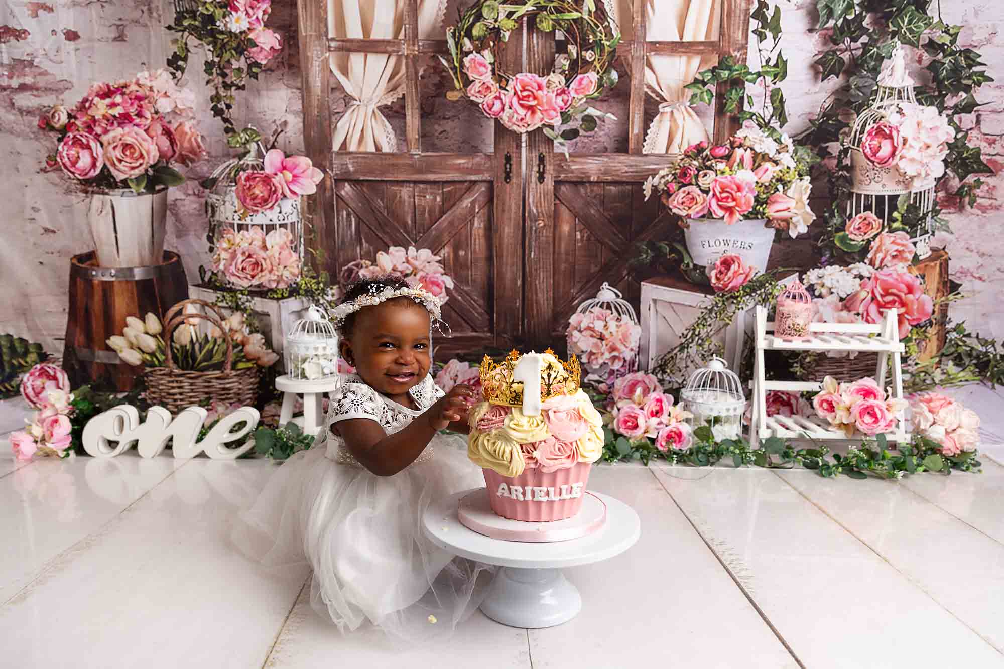 pink floral cake smash