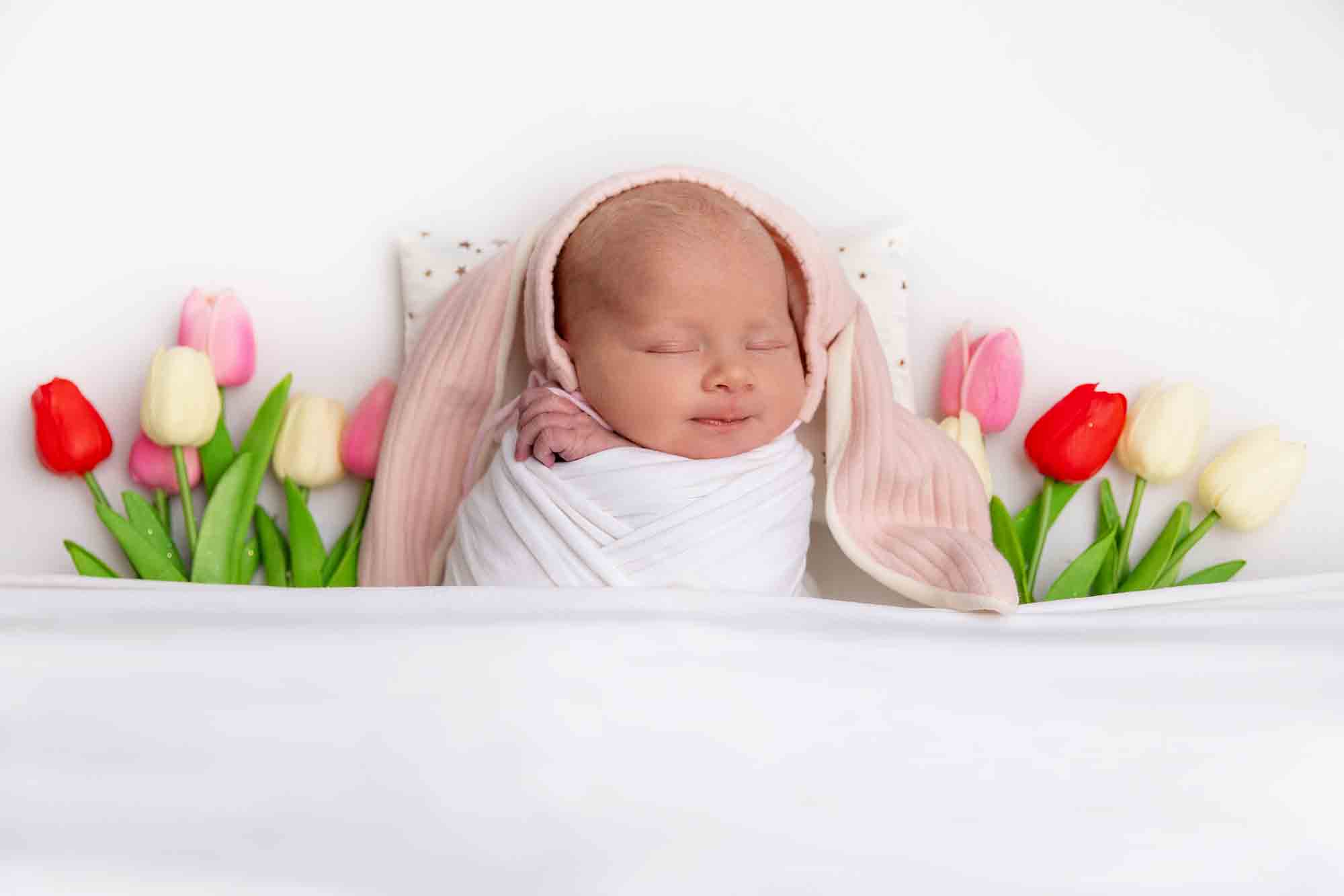 baby in tulips