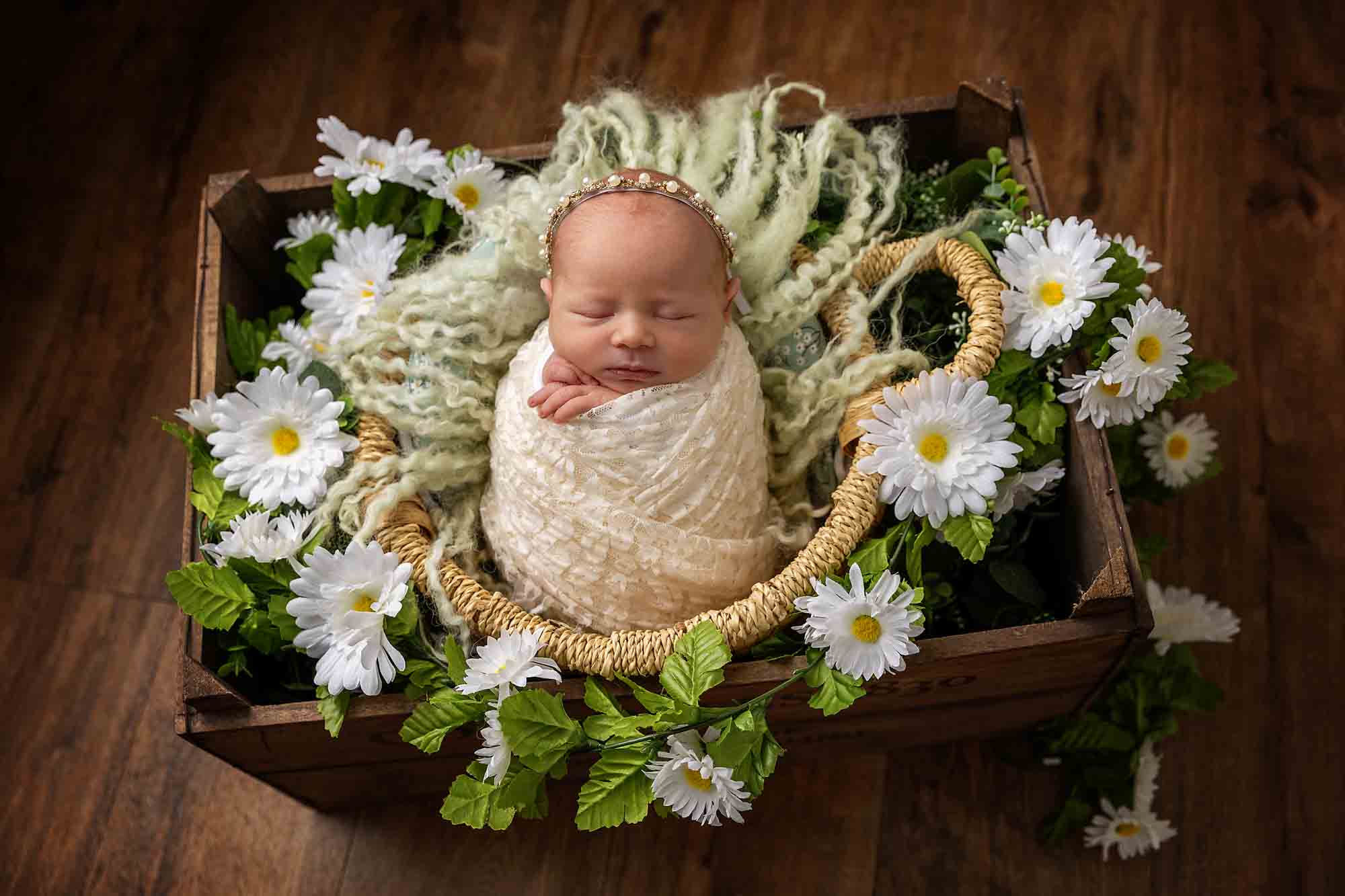 baby in basket with daisies